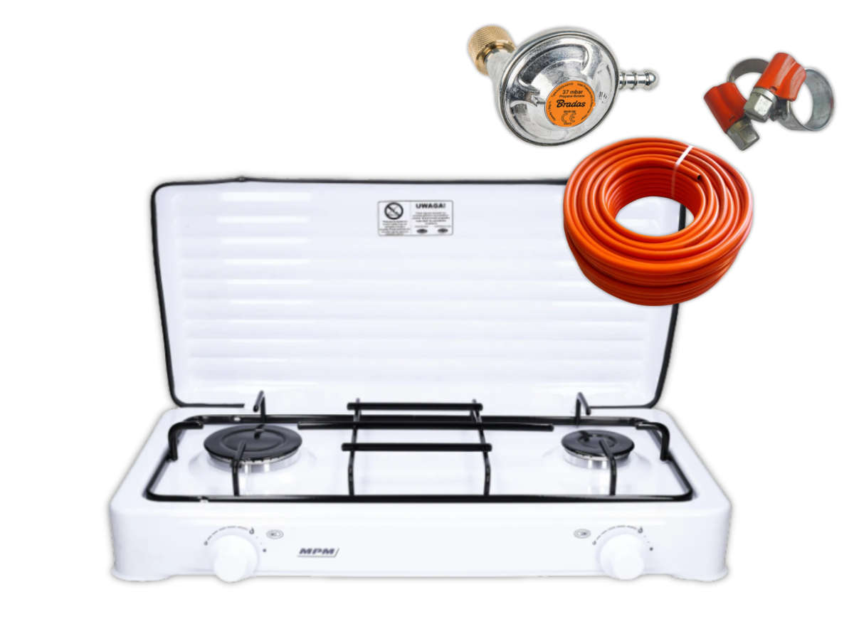 biała kuchenka gazowa z reduktorem na butlę 2 kg