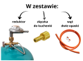 W zestawie z kuchenką zestaw do podłączenia butli 2kg. W zestawie: reduktor, końcówka do węża, wąż gazowy o długości jednego metra oraz dwie opaski zaciskowe